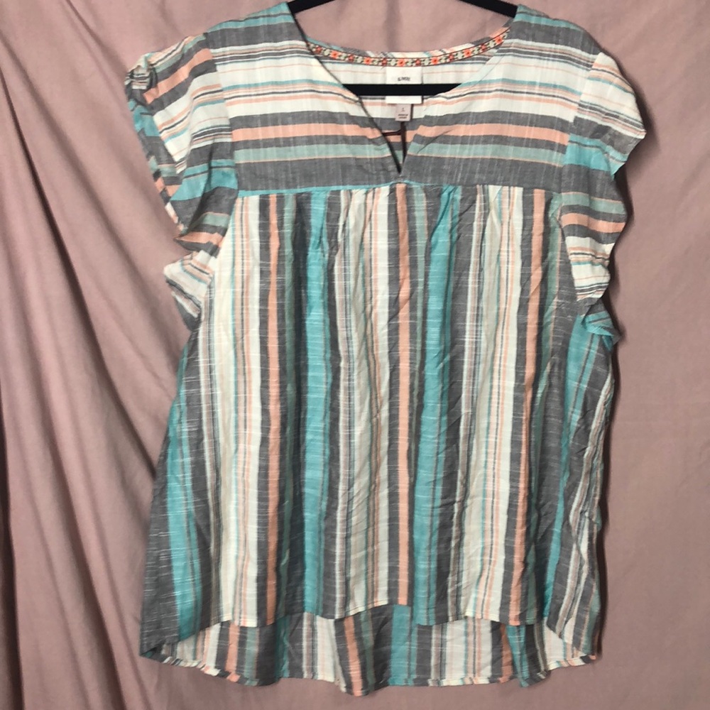 Knox Rose Striped Flutter Sleeve Blouse in Teal, Gray & Peach